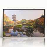 Mid-century modernist art depicting Kyoto scenery in muted earth tones on a silver-framed acrylic print.