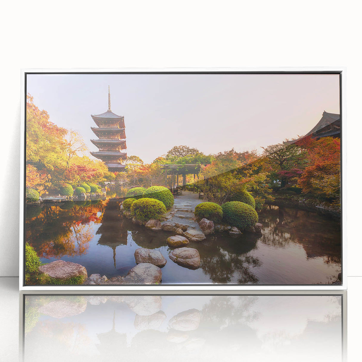 Acrylic print of a serene Kyoto landscape in subtle green and white tones, framed in white.