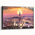 Black and white framed canvas featuring a vintage Korean landscape, ideal for bedroom wall decor.