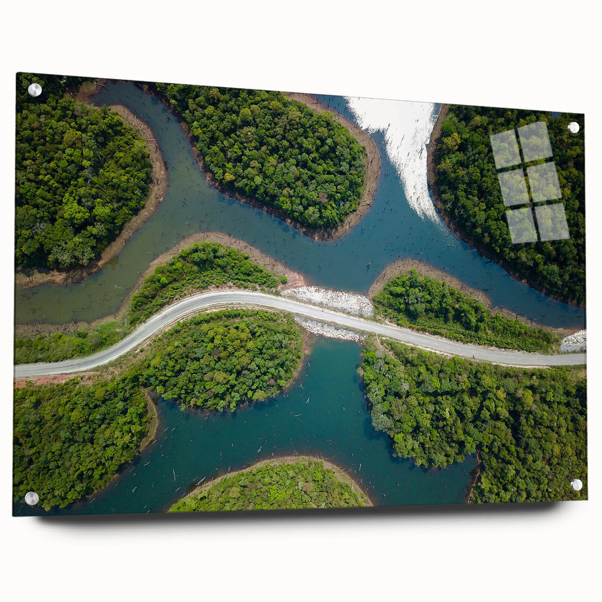 Large abstract wall art depicting an Asian landscape in muted earth tones on acrylic glass.