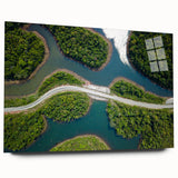 Large abstract wall art on acrylic glass depicting serene Laos scenery in cool blue tones.