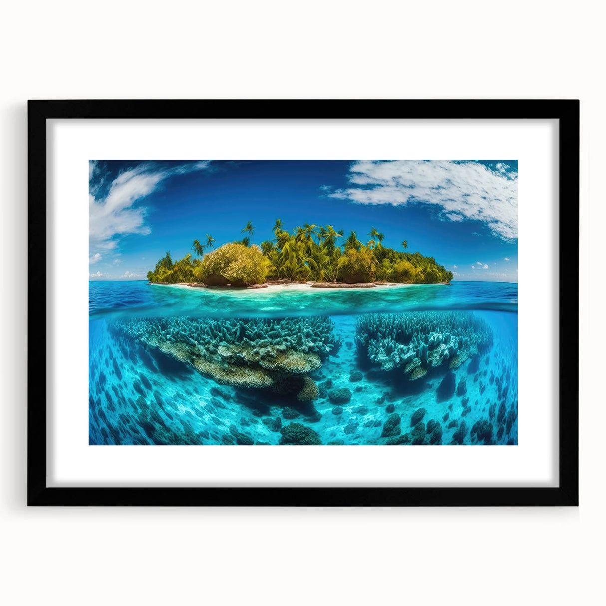 Extra large abstract art print depicting a vibrant, colorful Malaysian landscape on textured canvas, framed in black.