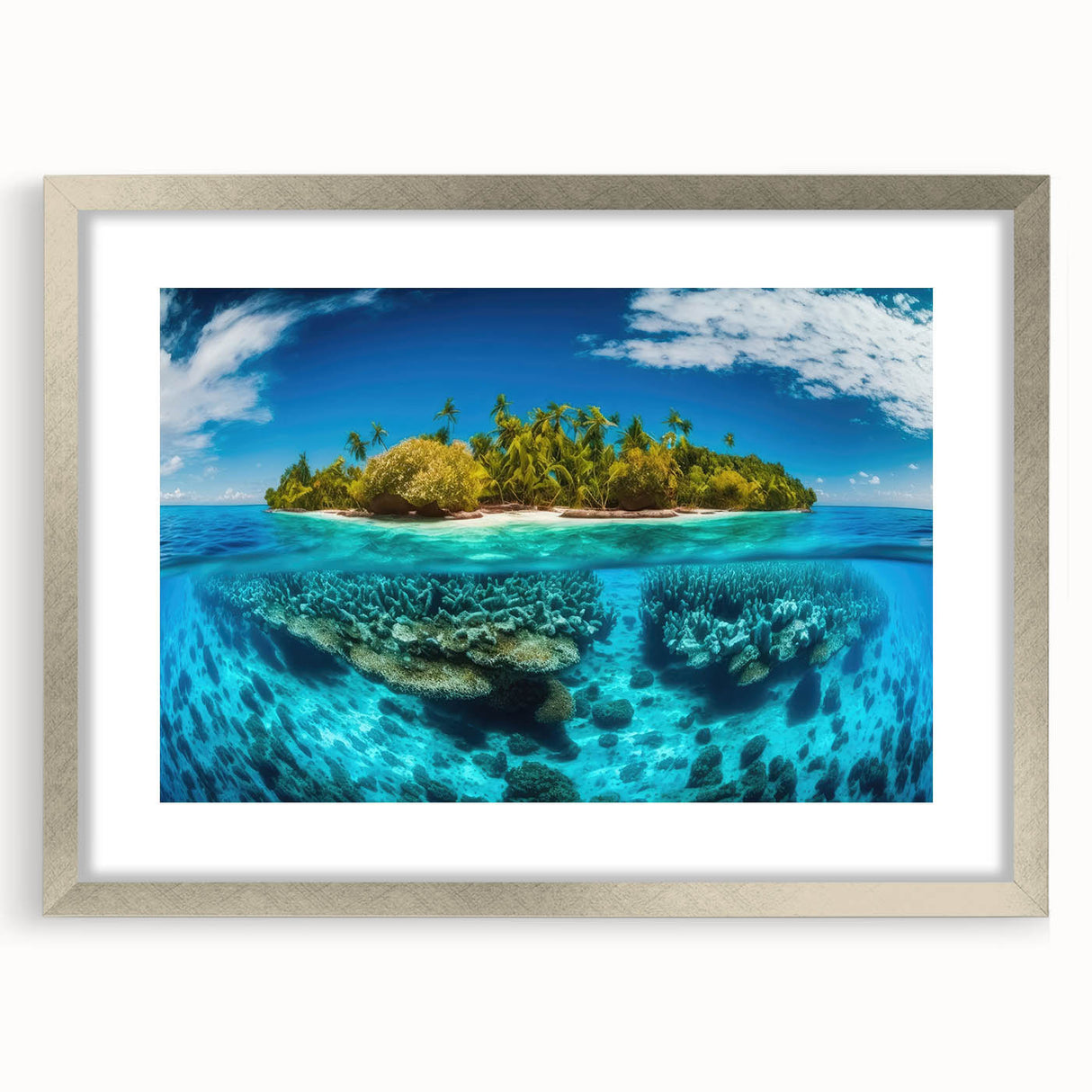 Textured abstract art print featuring a serene Malaysian landscape in muted earth tones, framed in silver.