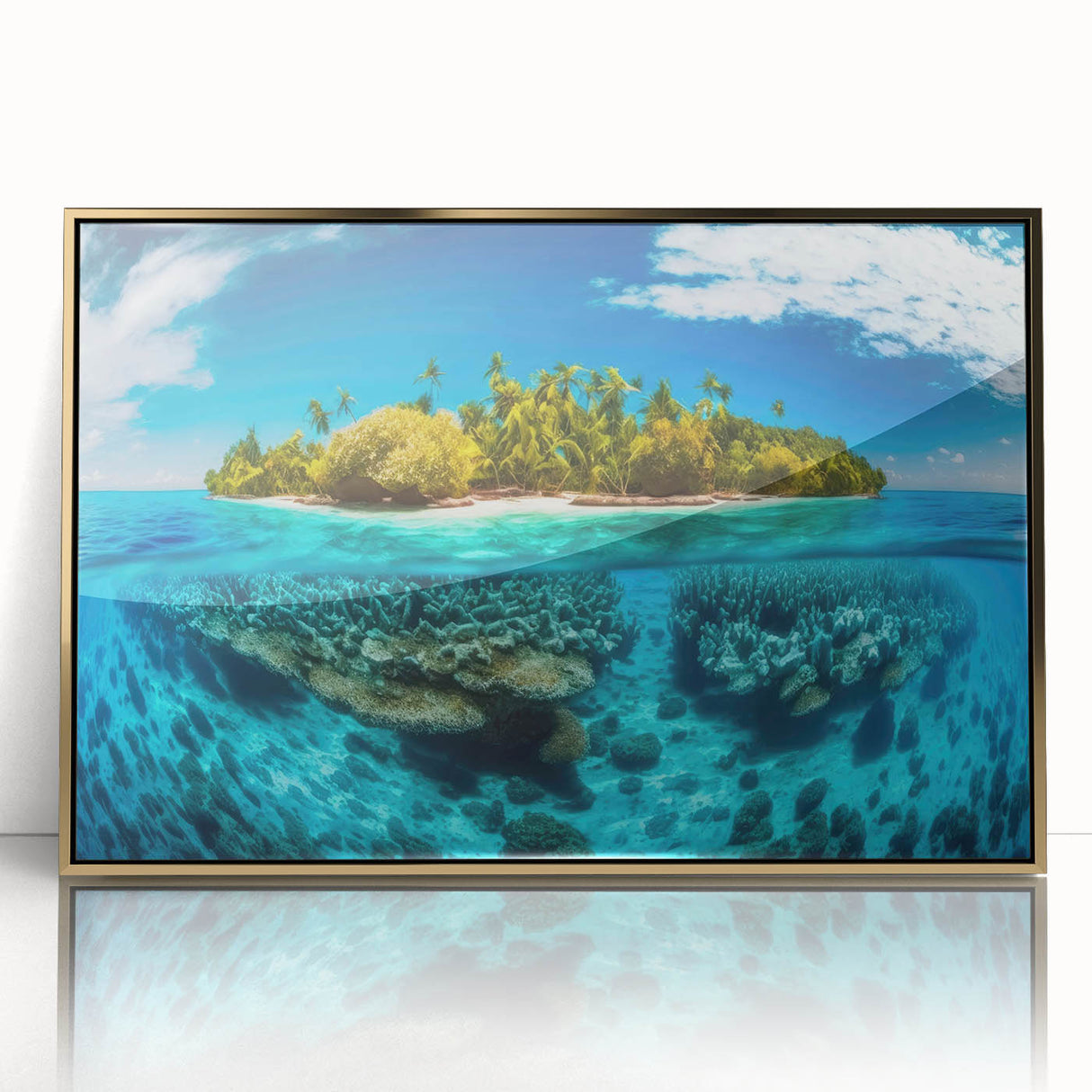 Large art print of a Malaysian landscape in muted earth tones on a framed acrylic, in a mid-century modernist style.