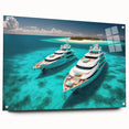 Acrylic glass print of a serene Maldivian landscape in soft blue and green tones, suitable for bedroom or dining room decor.