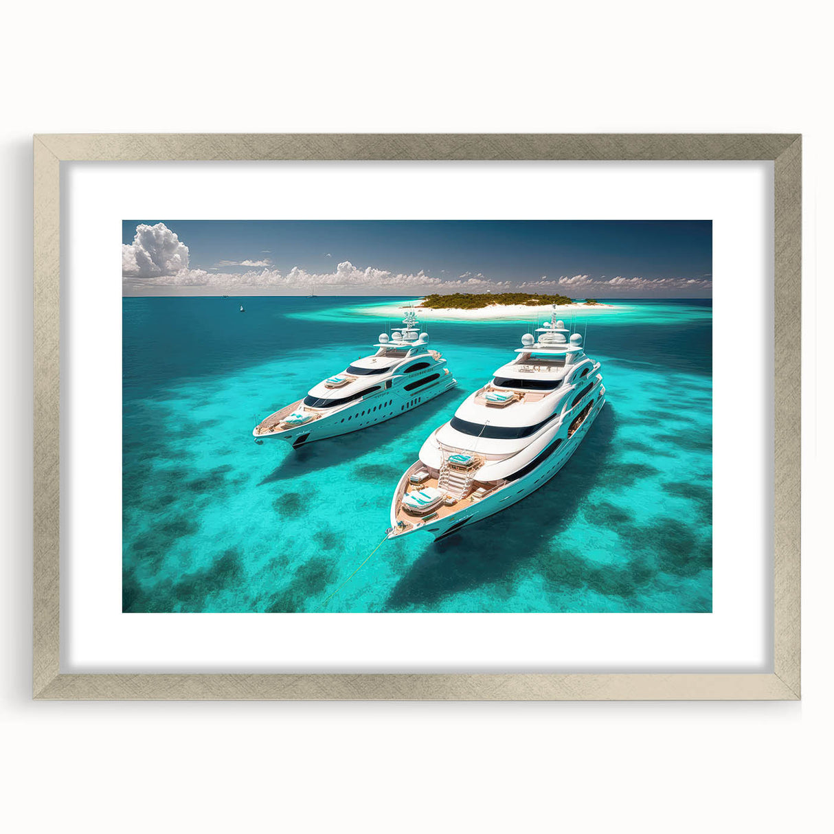 Textured abstract art print depicting a serene Maldivian scenery in soft blue and white tones, framed in silver.