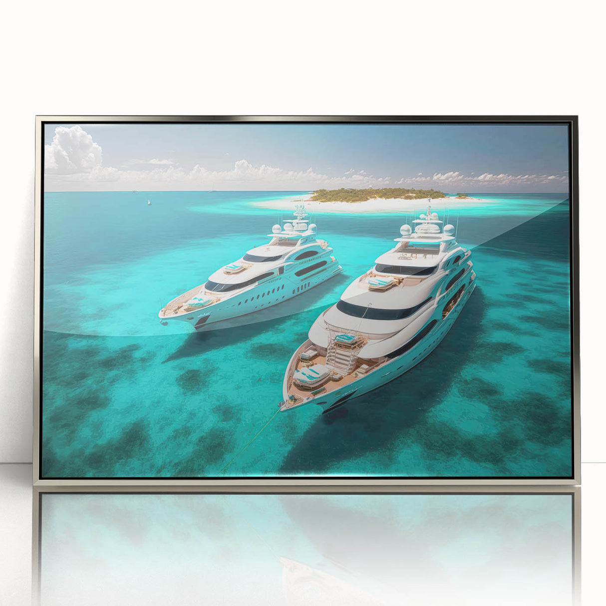 Mid-century modernist art featuring a serene Maldives beach scenery in muted blue and green hues on a framed acrylic print.