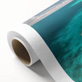 Art deco poster of a serene Maldivian landscape on rolled canvas, featuring cool blue and green tones.