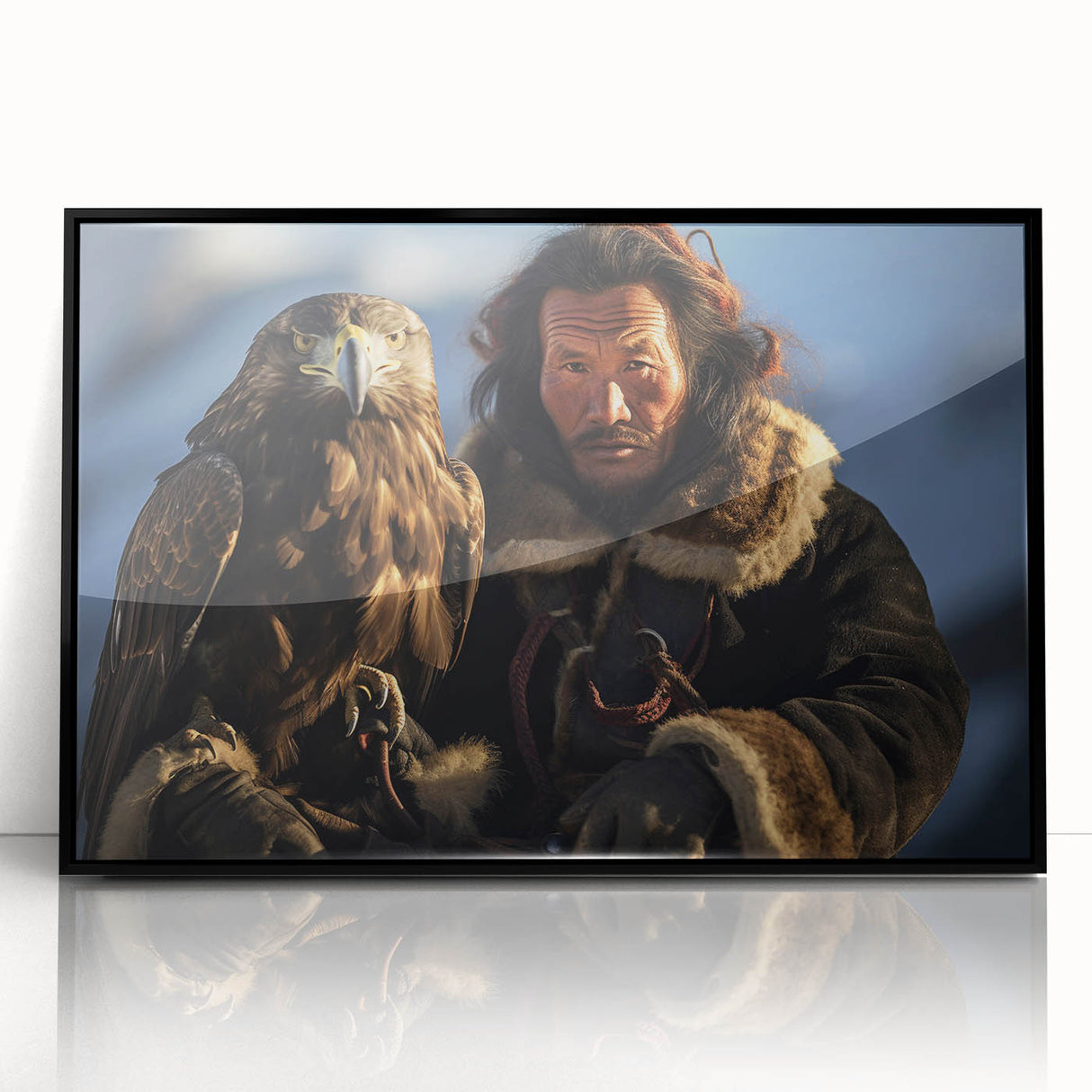 Framed acrylic print of a large abstract wall art depicting Mongolian scenery in muted earth tones.