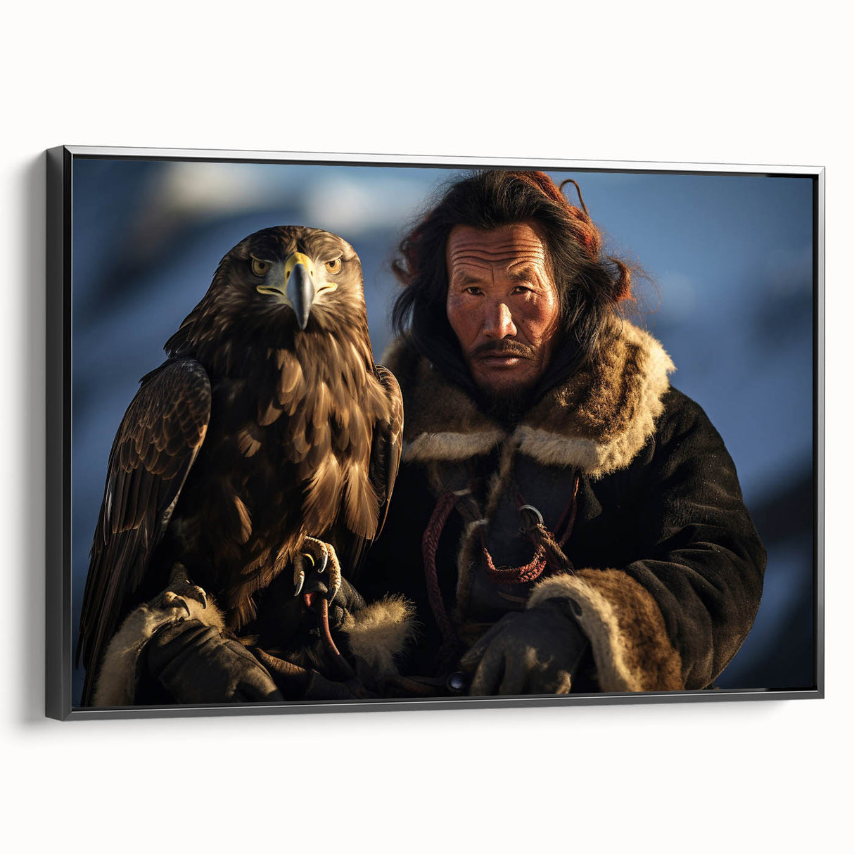 Black and white landscape art painting of Mongolia on framed canvas, ideal for bedroom wall decor.