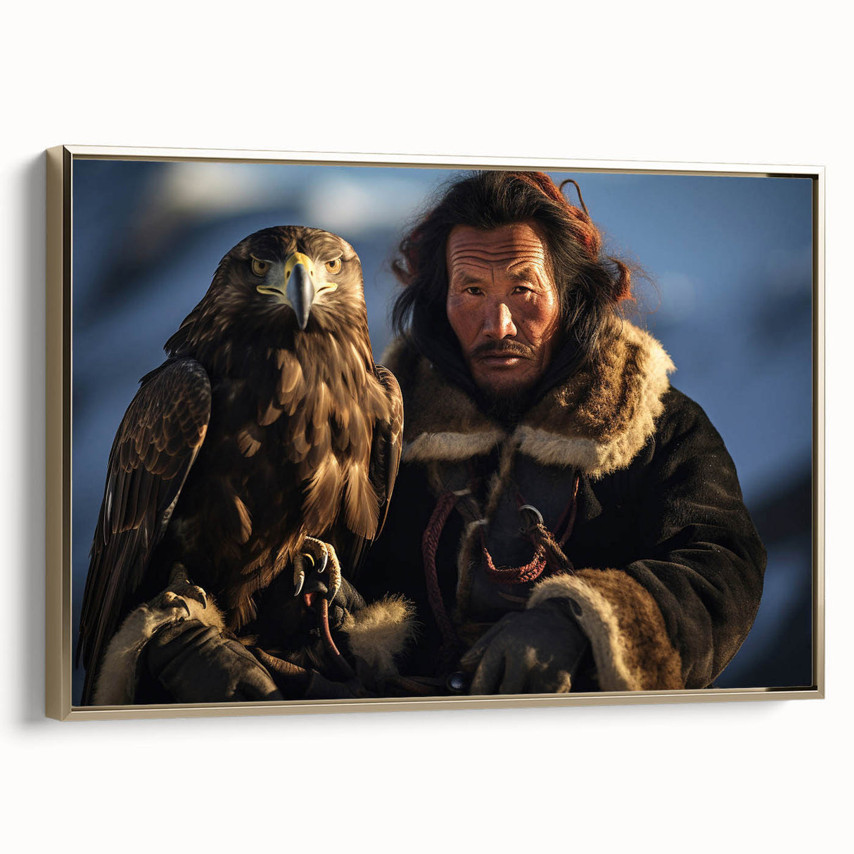 Framed canvas depicting a vintage-style Mongolian landscape in muted gold and black tones, ideal for bedroom wall art.