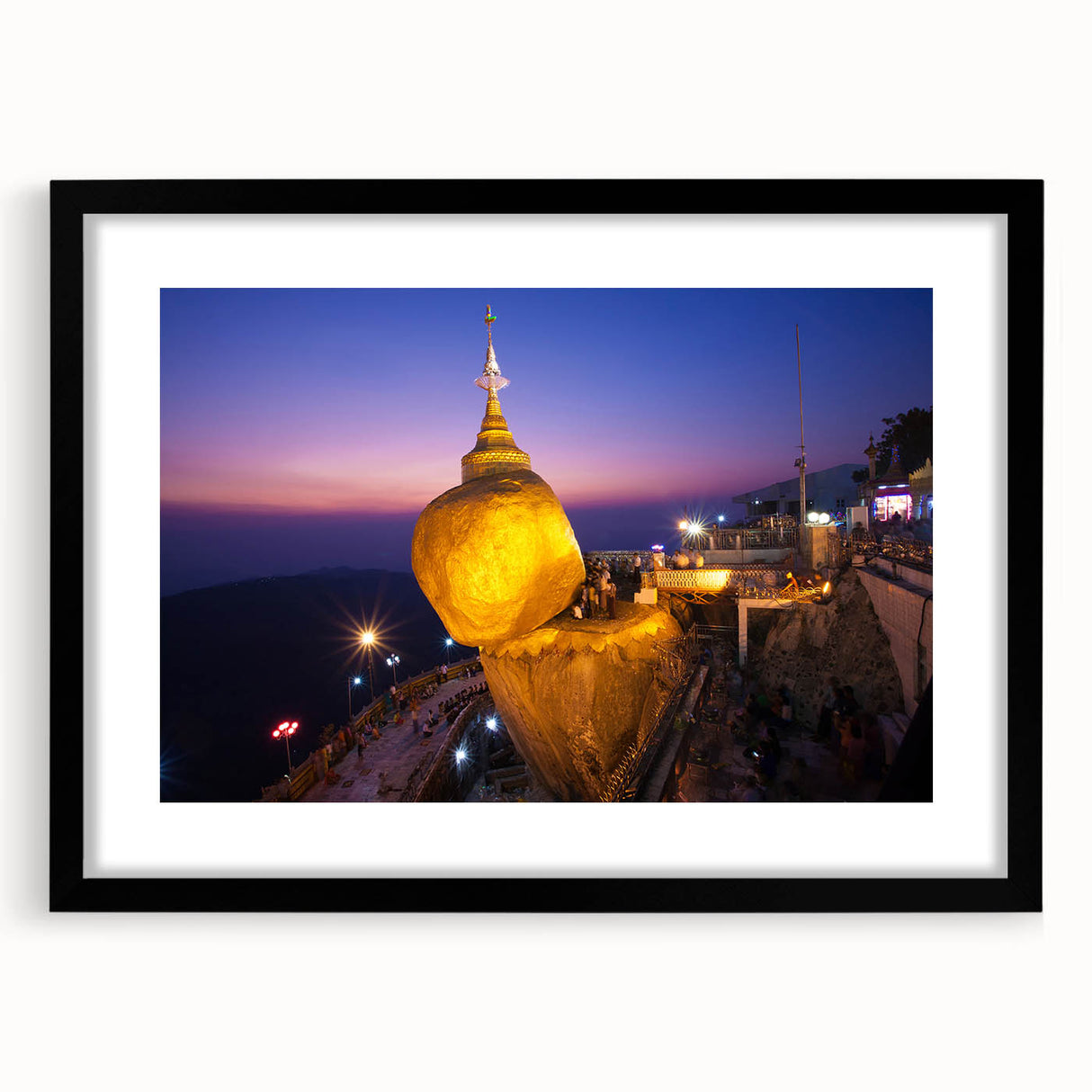 Extra large, colorful abstract art print of a textured Myanmar scenery in a black frame, ideal for living room decor.