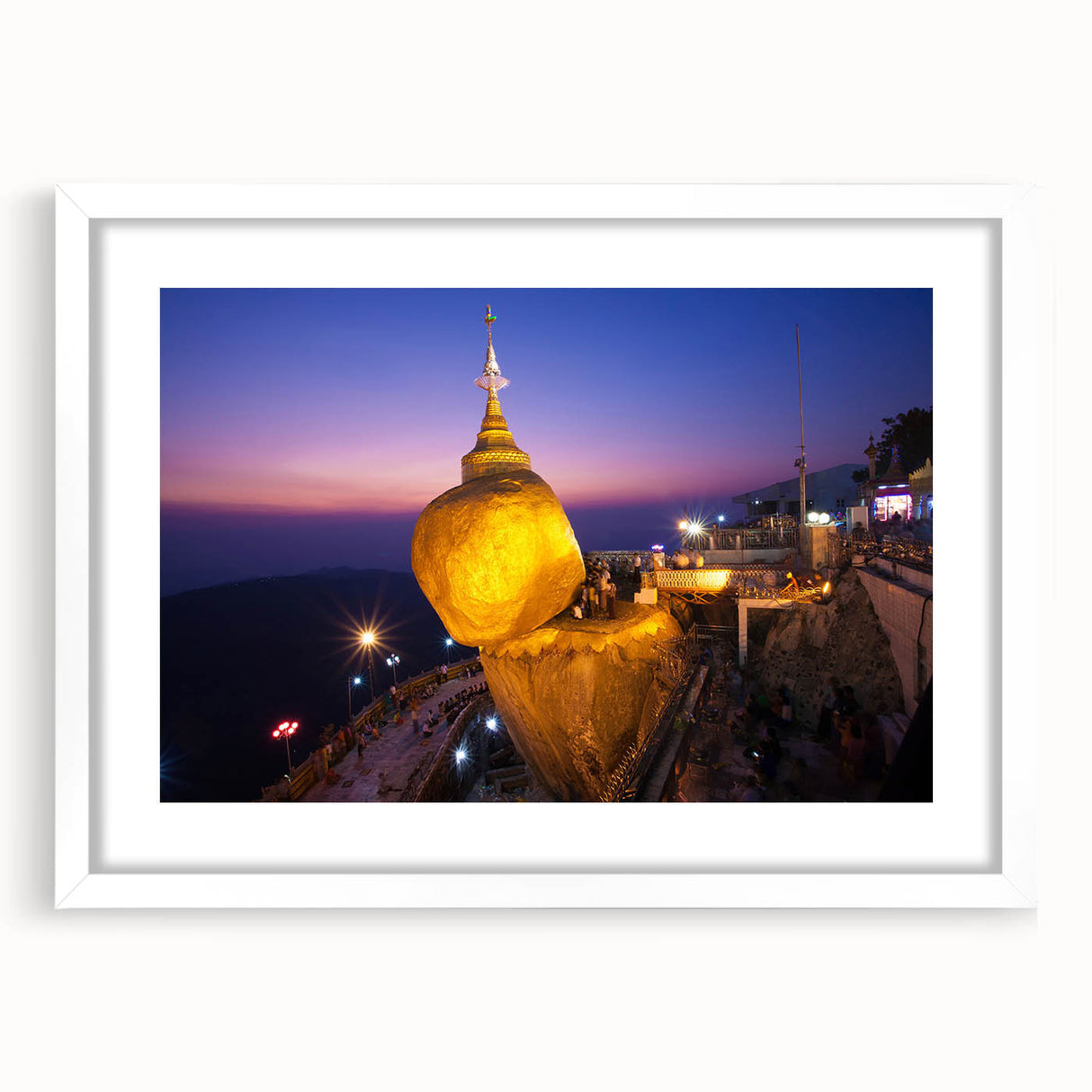 Abstract art print of a Myanmar scenery in muted earth tones on a framed white mat, suitable for dining room decor.