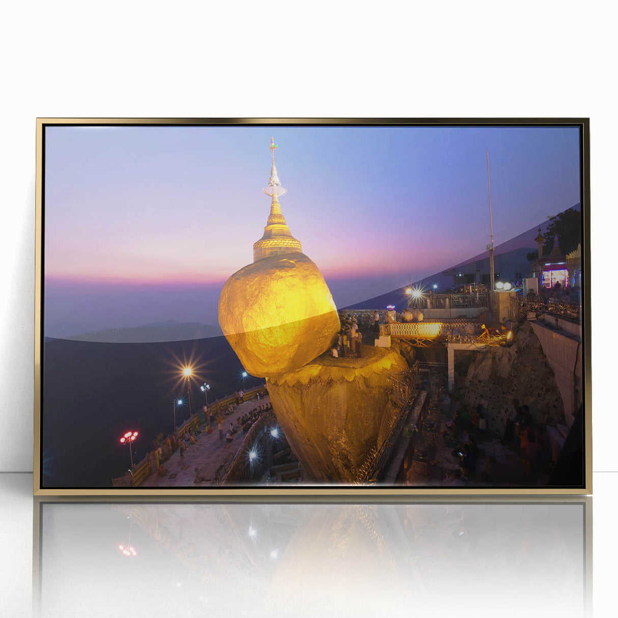 Framed acrylic print of a serene Myanmar landscape in golden hues, suitable as modern art wall decor.