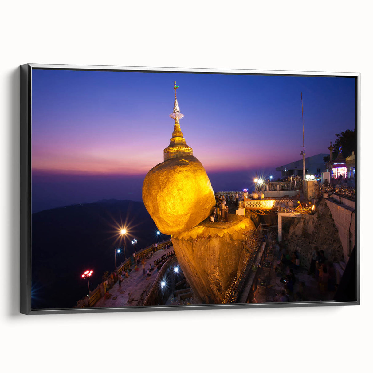Black and white framed canvas of a Myanmar landscape, showing a serene lake and mountains, ideal for bedroom decor.