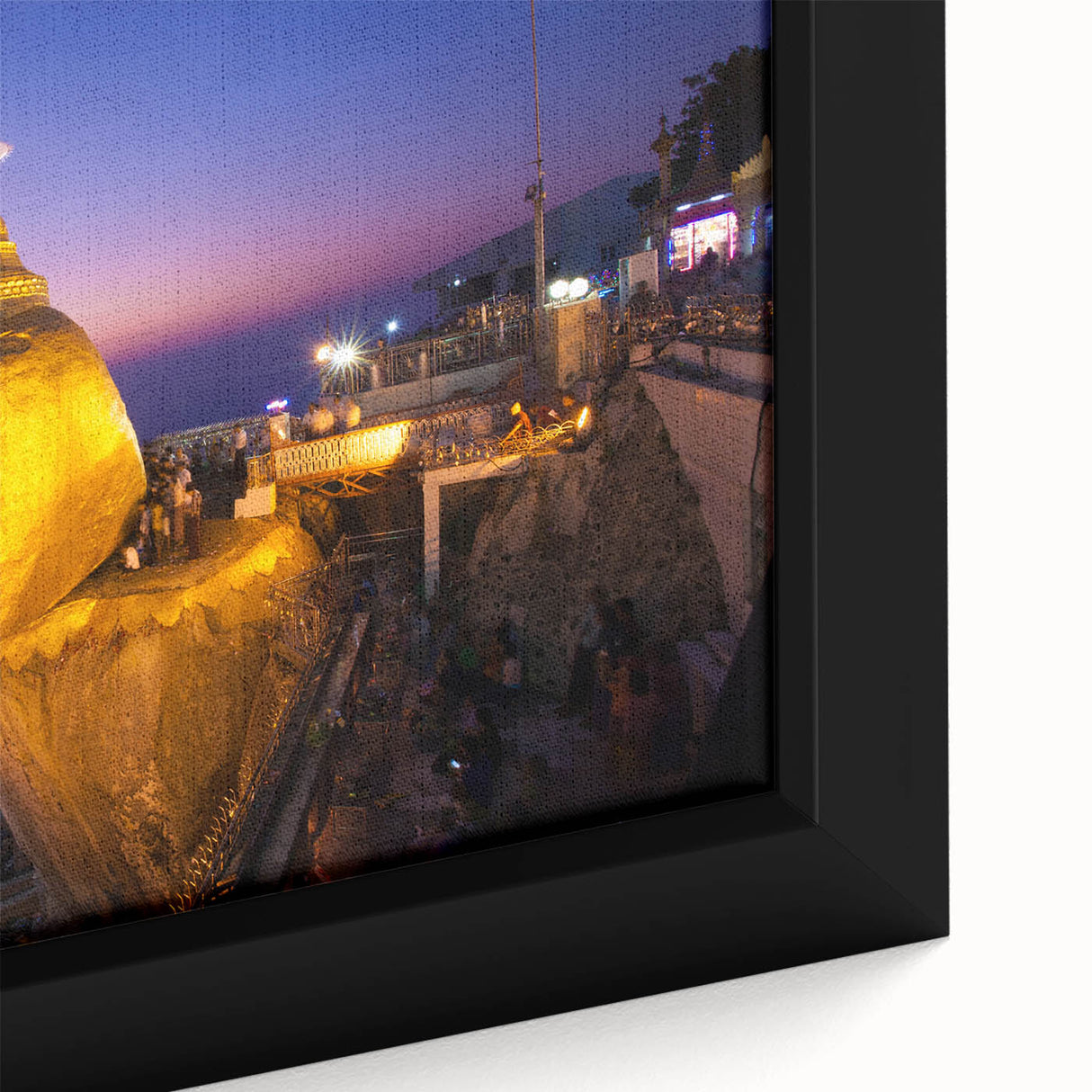 Extra large black wall art of a Myanmar landscape on framed canvas, featuring textured.