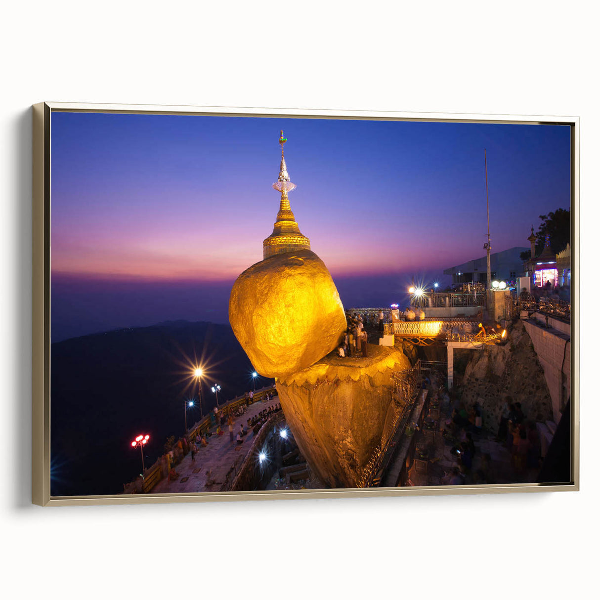 Framed canvas depicting a vintage-style landscape of Myanmar in black and gold tones, ideal for bedroom decor.