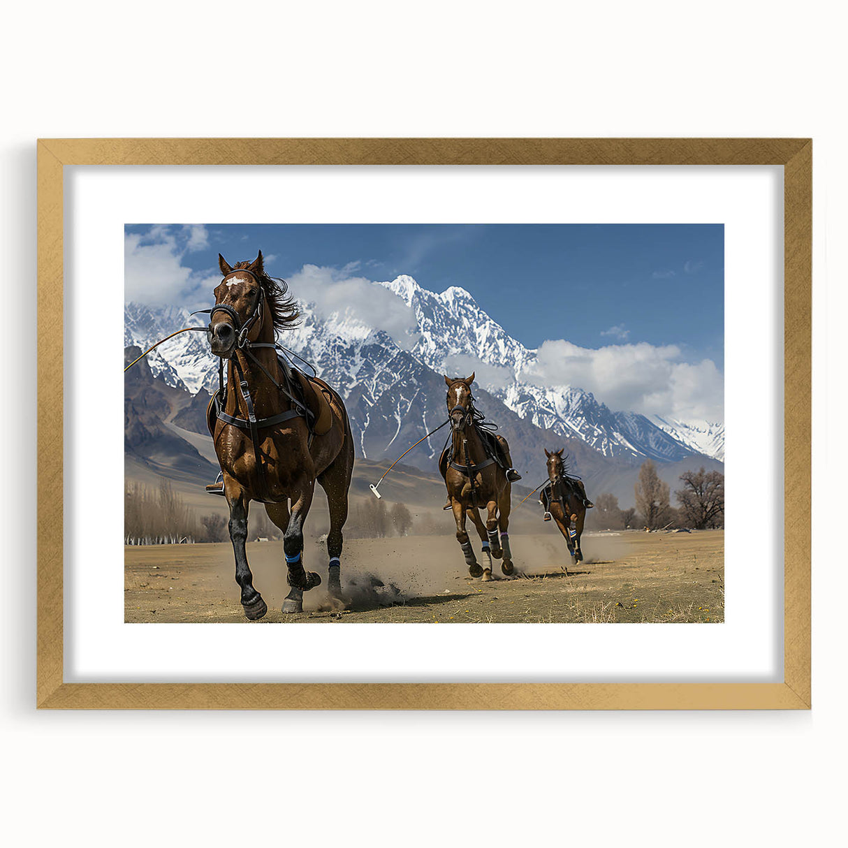 Extra large abstract art print of a textured scenery depicting a serene Pakistani landscape, in a gold frame.