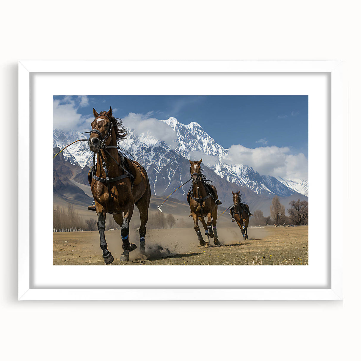 Abstract art print of a serene Pakistani landscape in muted earth tones on a framed white mat, ideal for dining room decor.