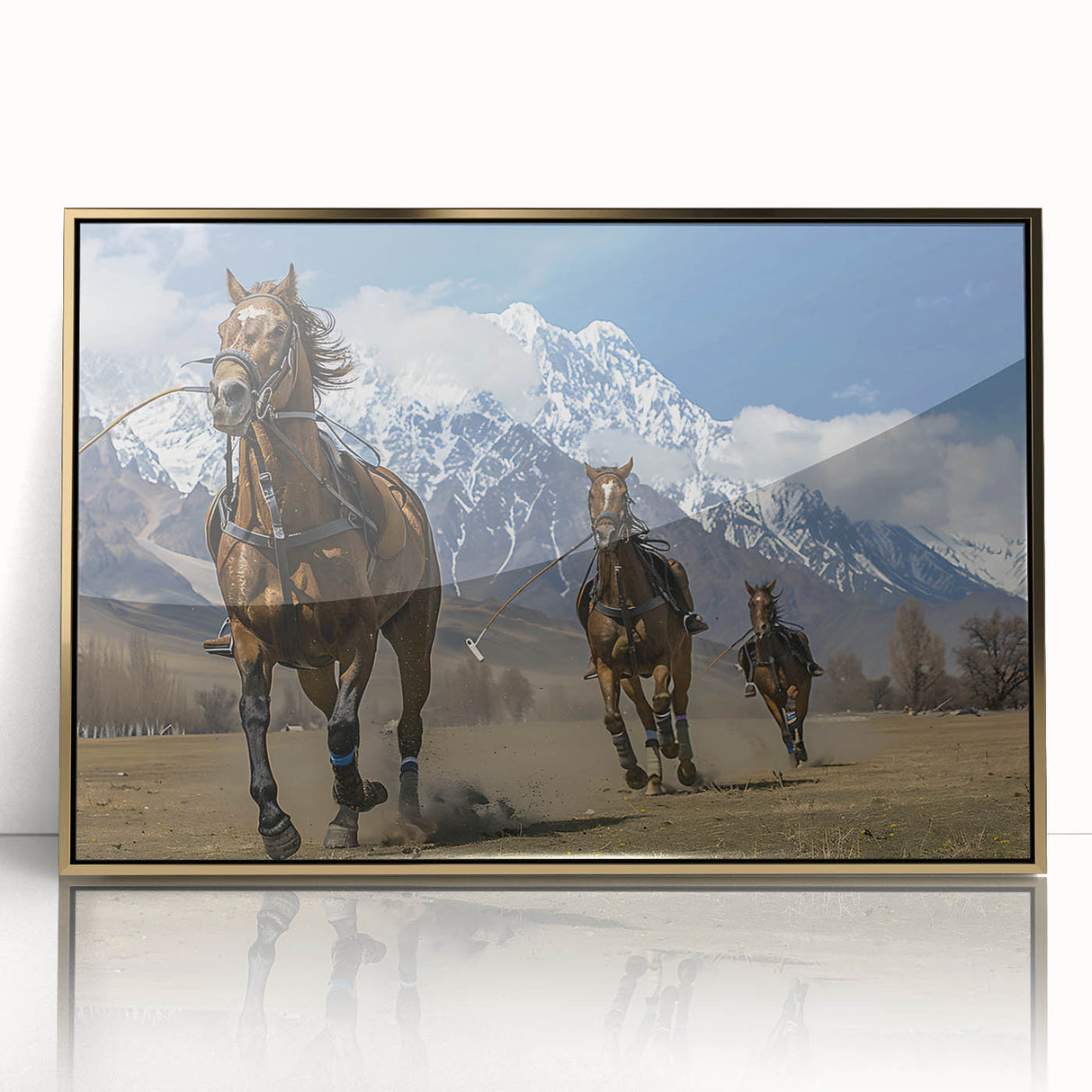 Large art print of a serene Pakistani landscape in gold and green tones, framed acrylic, ideal for modern art wall decor.