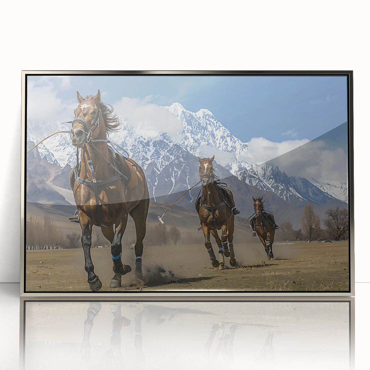 Mid-century modernist art depicting a serene Asian landscape in muted greens and blues, framed acrylic.