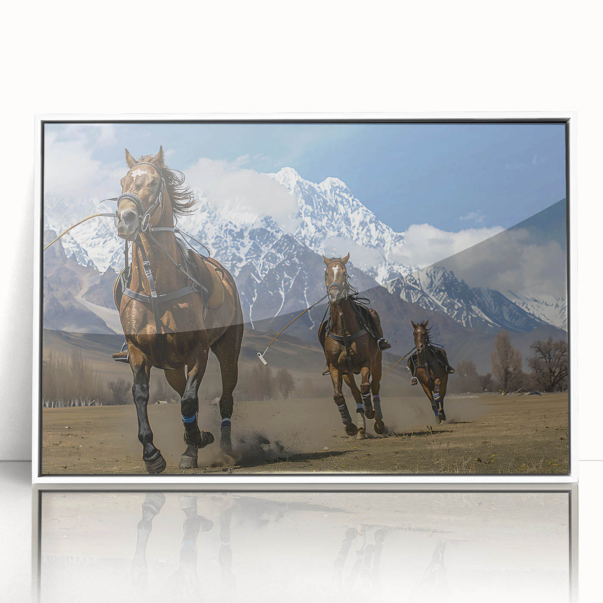 Acrylic print of a serene Pakistani landscape in soft pastel colors, framed in white, suitable for nursery wall art.