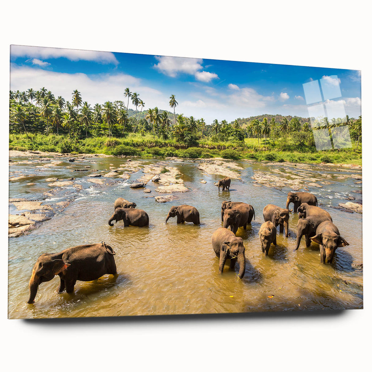 Large abstract wall art featuring a serene Sri Lankan landscape in muted green and blue tones on acrylic glass.