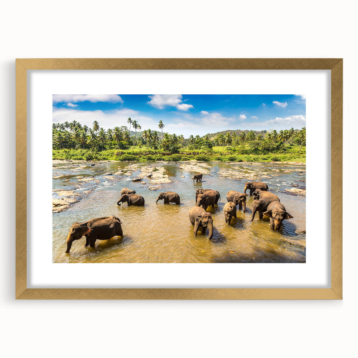 Extra large abstract art print of a textured Sri Lankan scenery in a gold frame, ideal for living room decor.