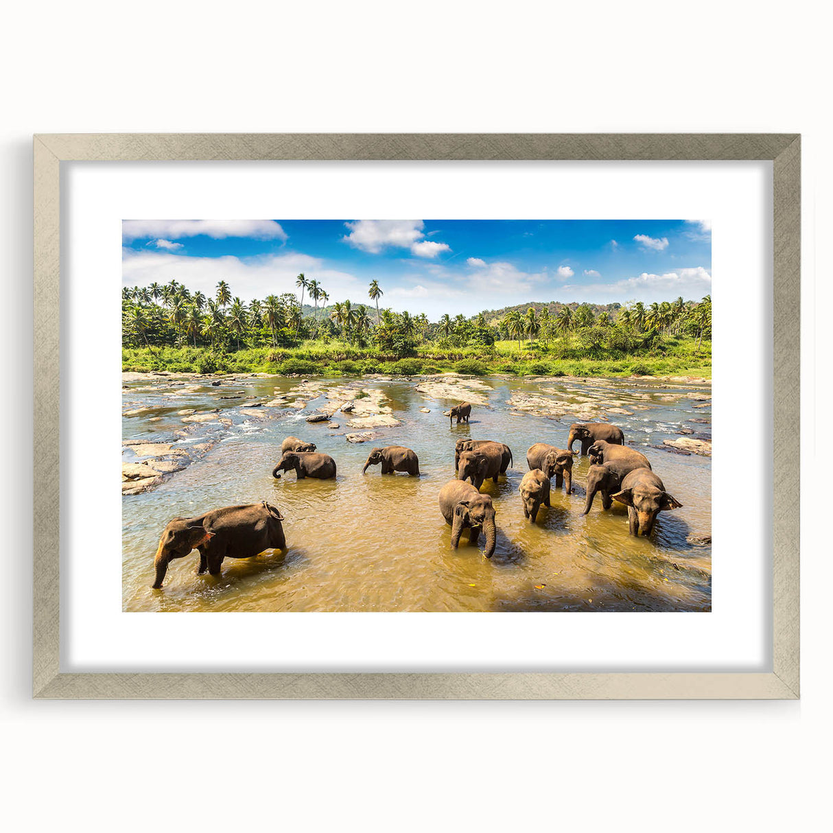 Textured abstract art print of a Sri Lankan landscape in cool blue and green hues, framed in silver, ideal for bedroom art.