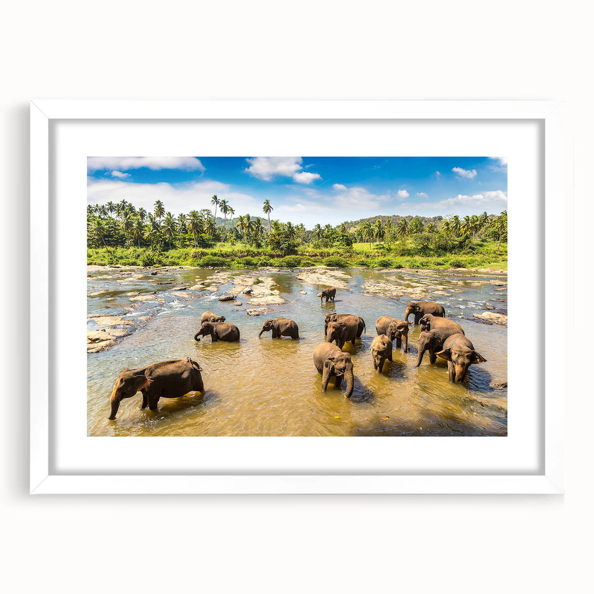 Abstract art print of a Sri Lankan scenery in muted earth tones on a framed white mat.