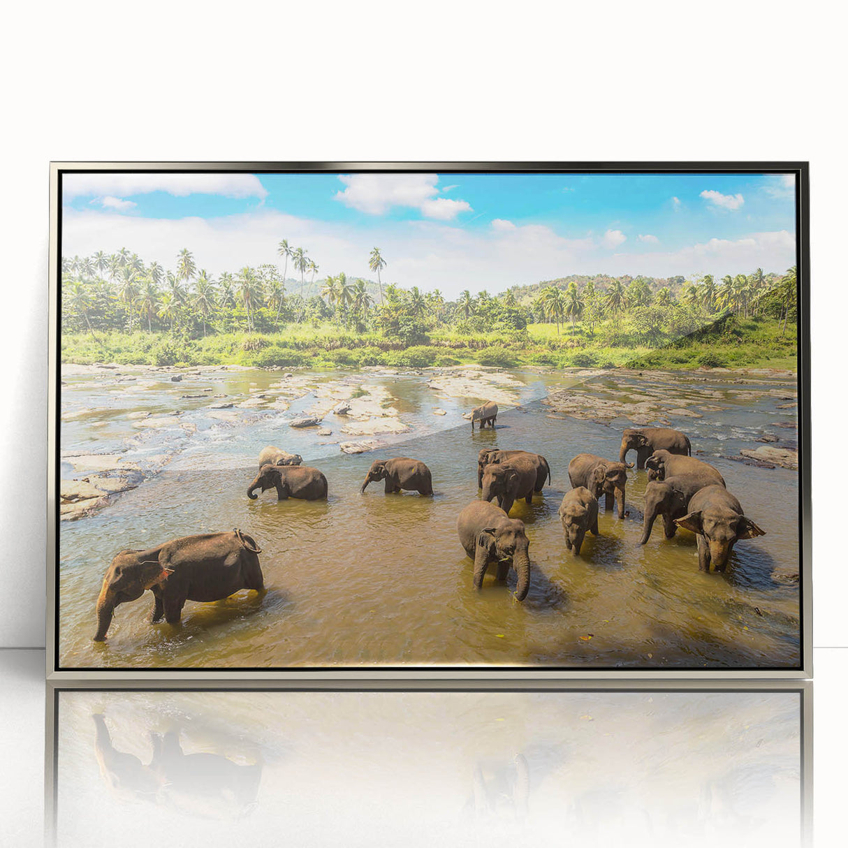 Mid-century modernist art depicting a serene Sri Lankan landscape in muted green and blue tones, framed in silver acrylic.