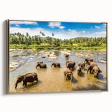 Framed canvas featuring a vintage-style landscape painting of a serene Sri Lankan scenery in muted gold and black tones.