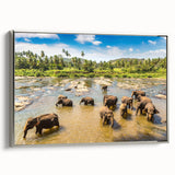 Framed canvas featuring a vintage-style landscape painting of Sri Lankan scenery in muted earth tones.