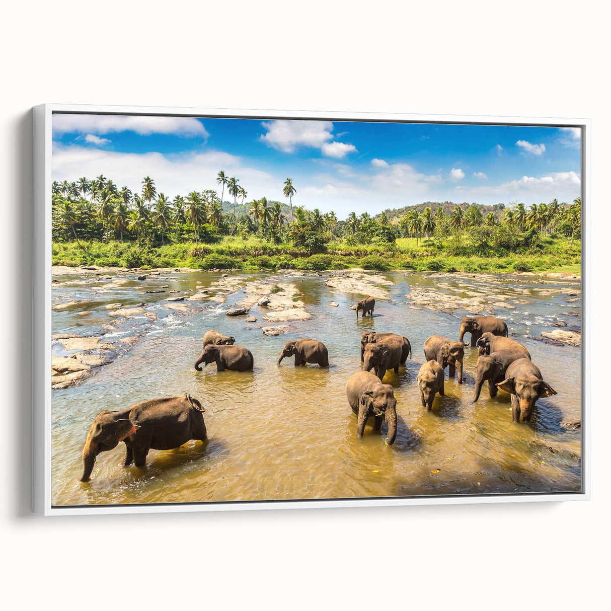 Vintage poster art of a Sri Lankan landscape on a large framed canvas with vibrant colors, ideal for living room decor.