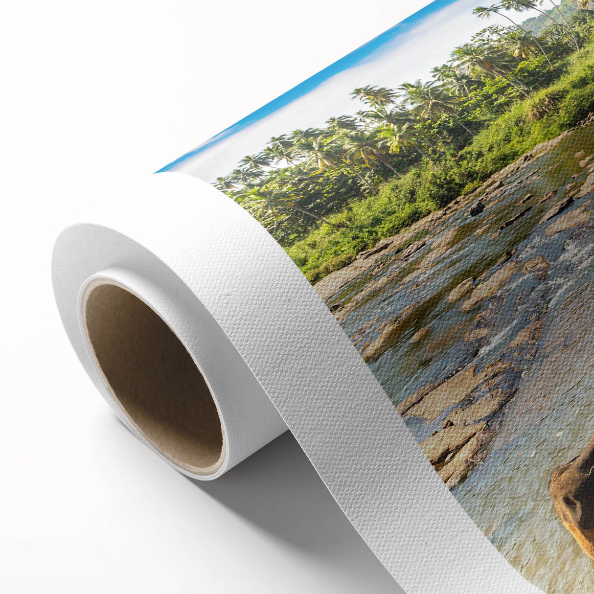 Art deco poster of a serene Sri Lankan landscape on rolled canvas, featuring muted green and blue tones.