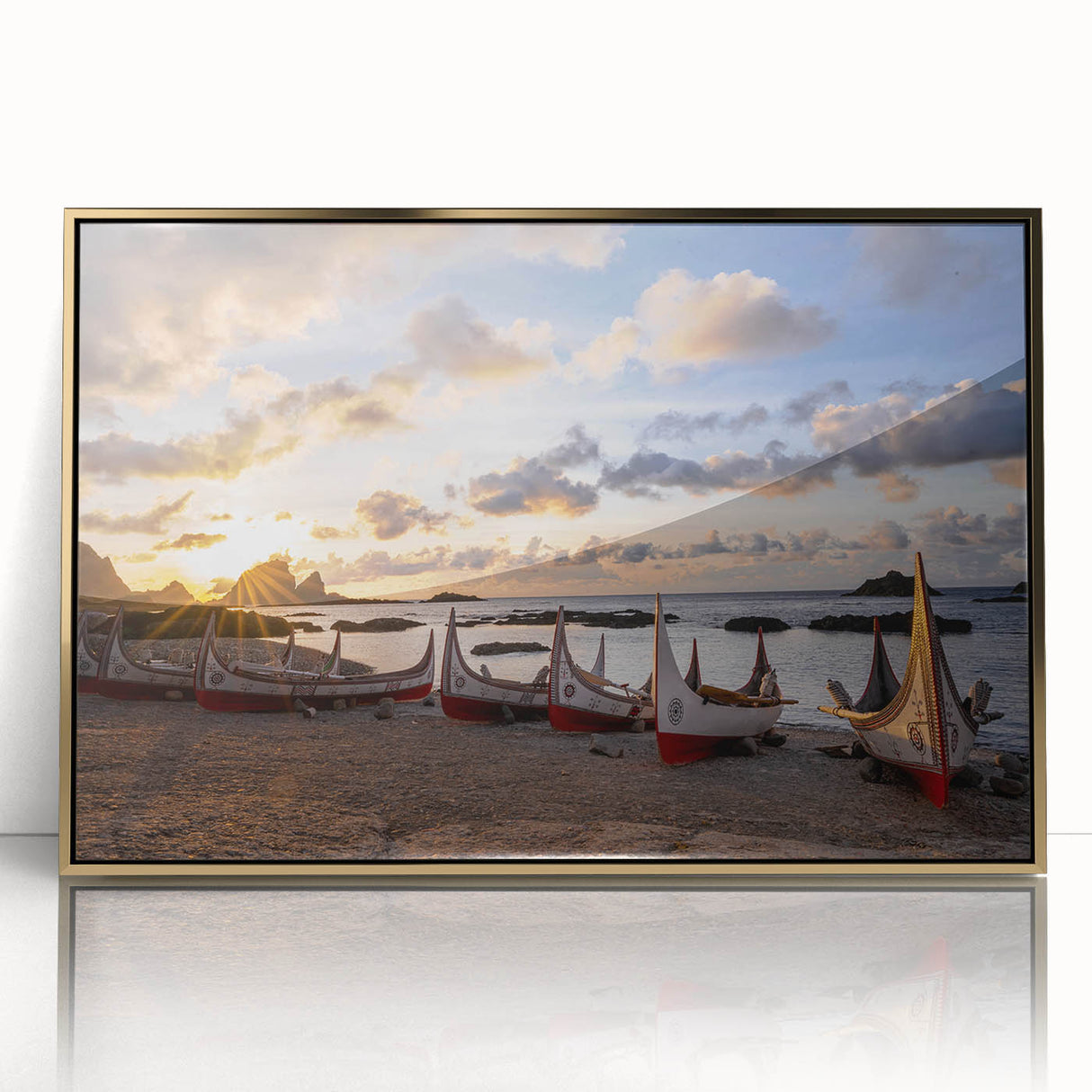 Large art print of a mid-century modernist style Taiwan scenery in gold frame on acrylic, ideal for modern art wall decor.