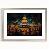 Textured abstract art print depicting a serene Thai landscape in soft blue and green hues, framed in silver.