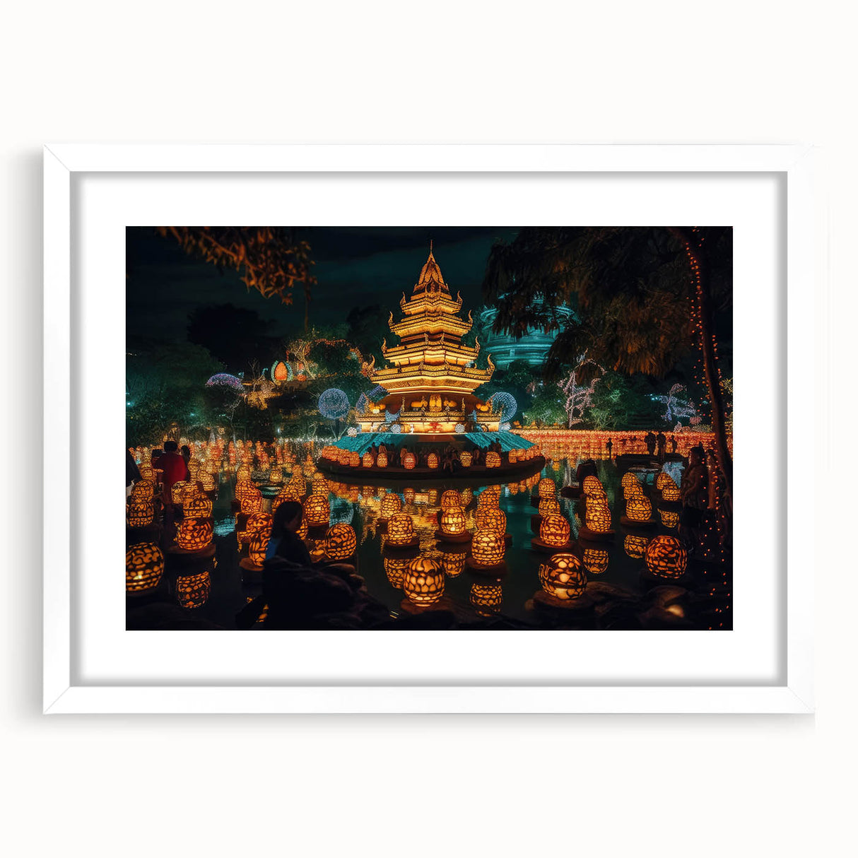 Abstract art print of a serene Thai landscape in muted earth tones on a framed white canvas, suitable for dining room decor.