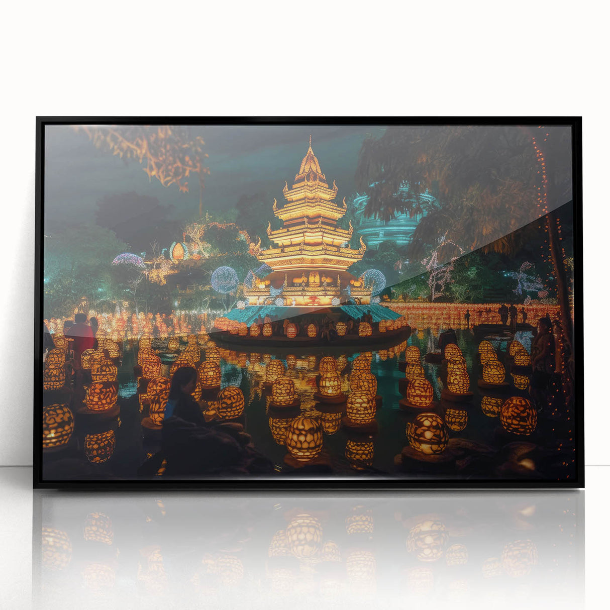 Large abstract wall art depicting a serene Thai landscape in muted earth tones, framed in black acrylic.