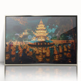 Mid-century modernist art depicting a serene Thai landscape in muted greens and blues, acrylic print in a silver frame.