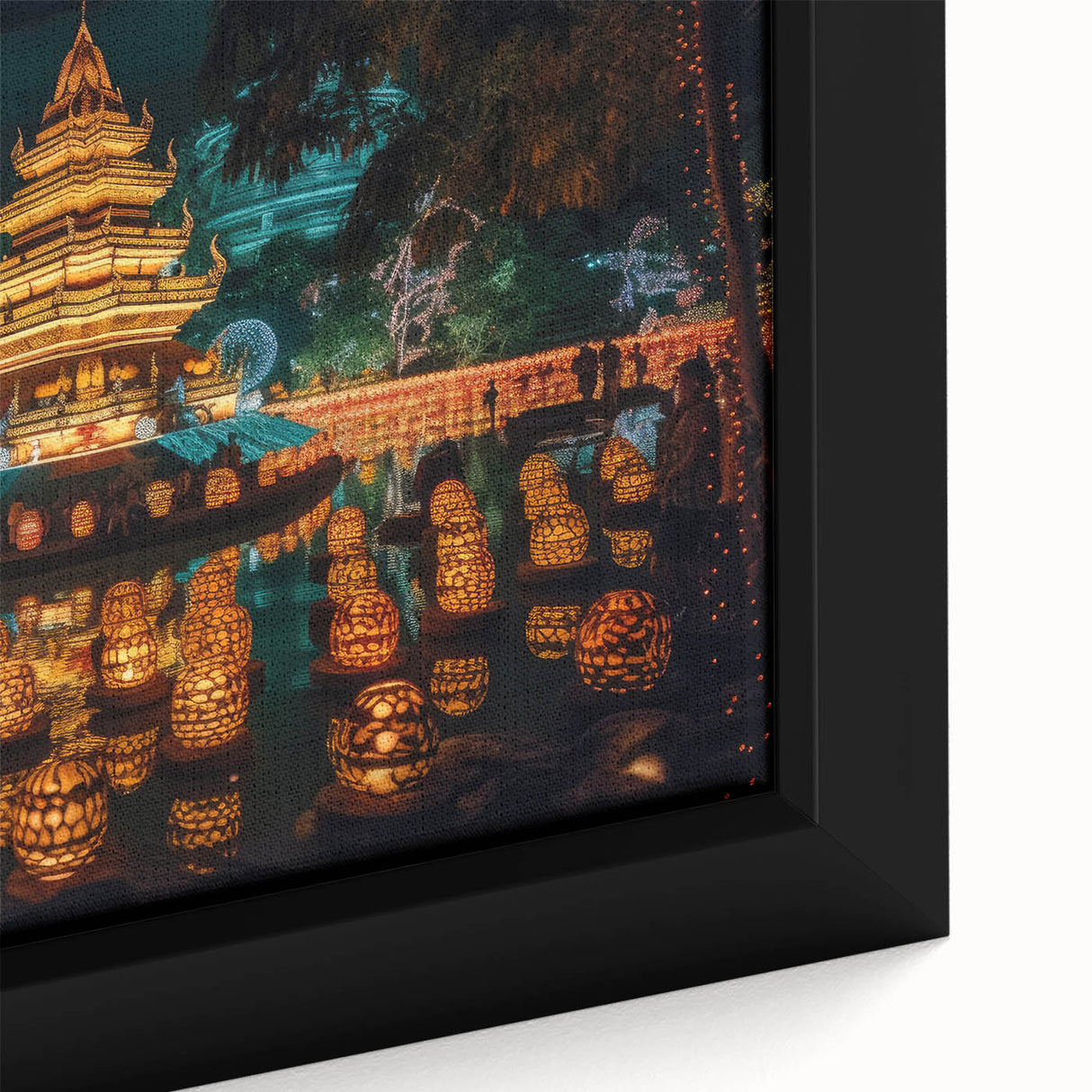 Extra large black wall art depicting a textured, colorful Asian landscape on framed canvas, ideal for living room decor.