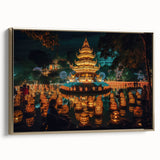 Framed canvas depicting a serene Thai landscape in muted gold and black tones, suitable for bedroom decor.