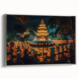 Framed canvas landscape art painting featuring a vintage Thai scenery in vibrant colors on a black background.