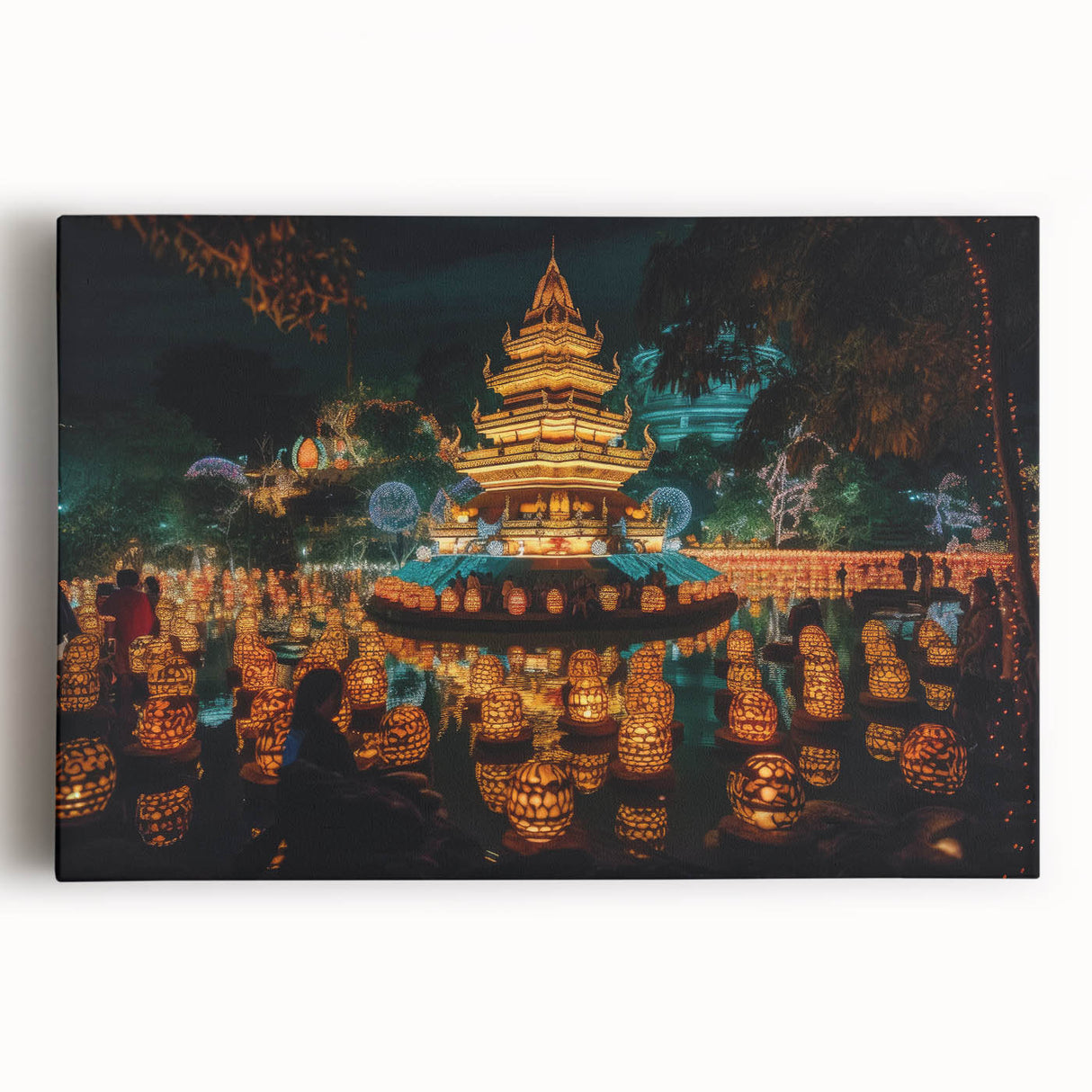 Large black and white stretched canvas of a serene Thai landscape, ideal for kitchen wall art.