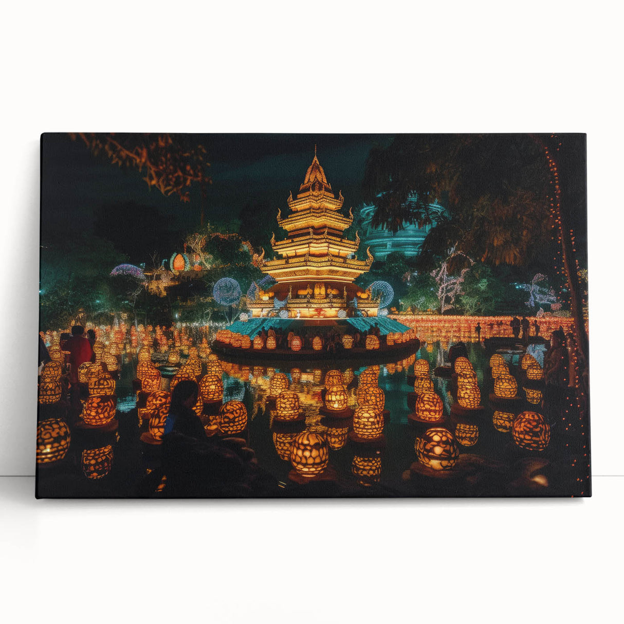 Black and white photograph of a serene Thai landscape on stretched canvas, ideal for kitchen wall art.