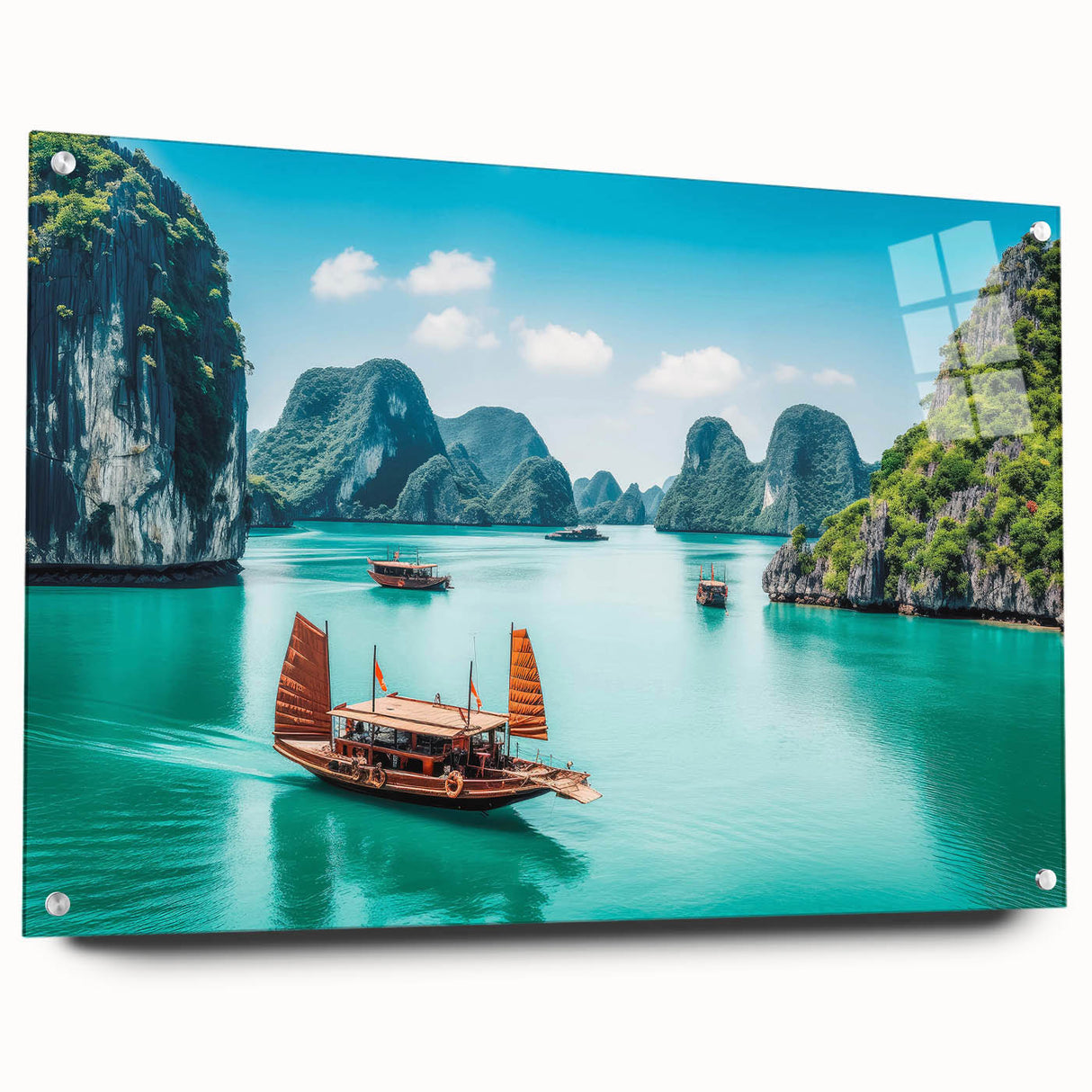 Acrylic print of a Vietnamese landscape in muted greens and blues, ideal for dining room decor.