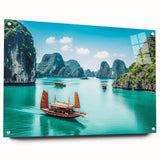 Acrylic print of a Vietnamese landscape in muted greens and blues, ideal for dining room decor.