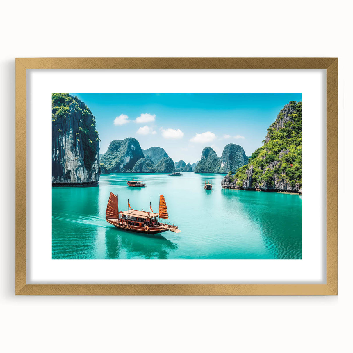 Extra large abstract art print of a Vietnamese landscape in textured gold tones, framed, ideal for living room decor.