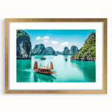 Extra large abstract art print of a Vietnamese landscape in textured gold tones, framed, ideal for living room decor.