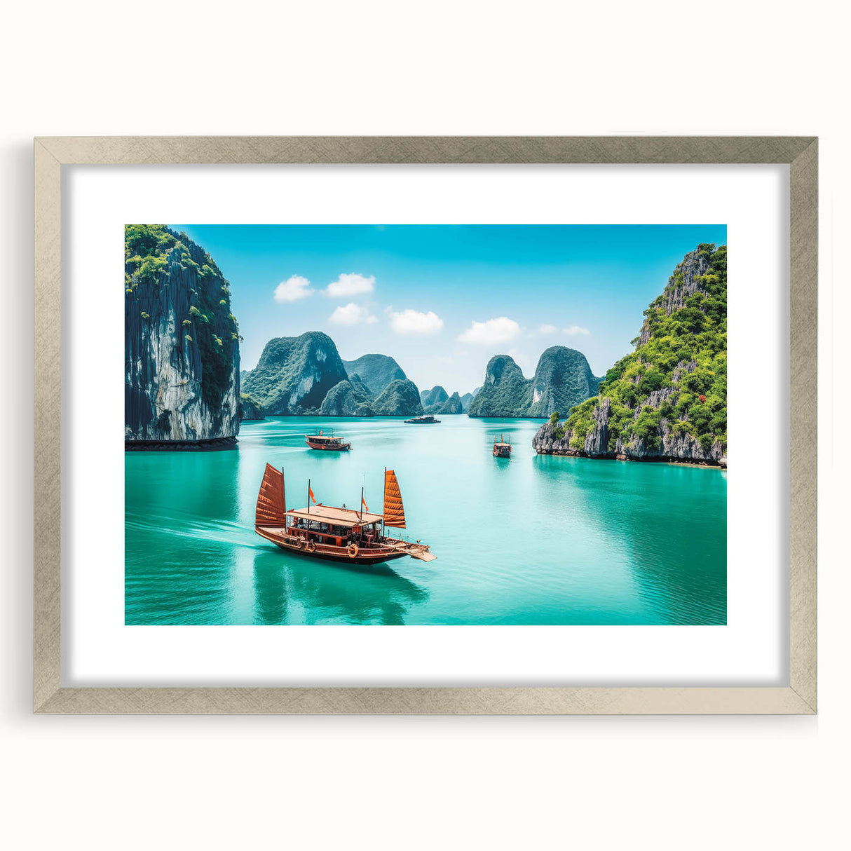 Textured art print of a Vietnamese landscape in muted green and brown hues on a framed silver mat.